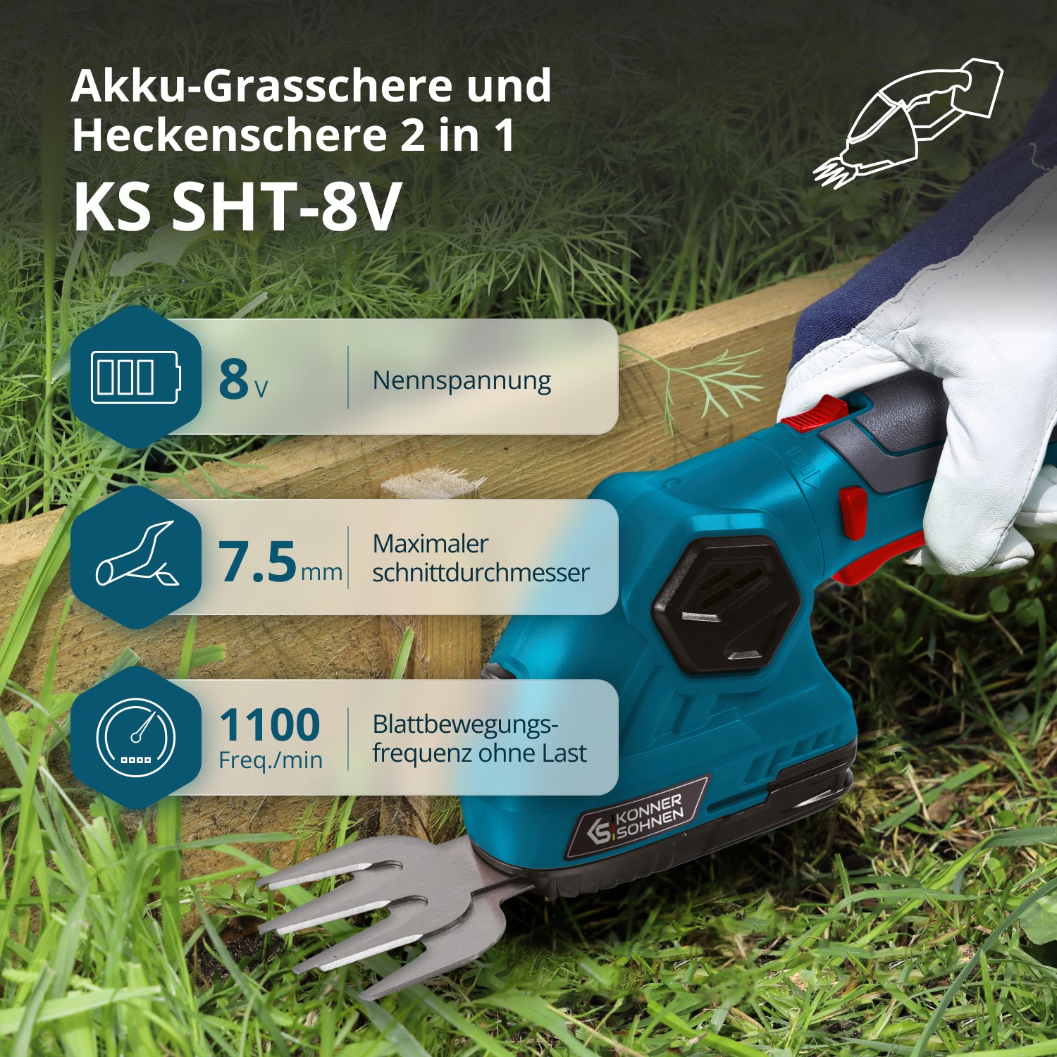 Akku-Gras- und Heckenschere 2 in 1 mit Verlängerungsgriff KS SHT-8V + Extension Pole