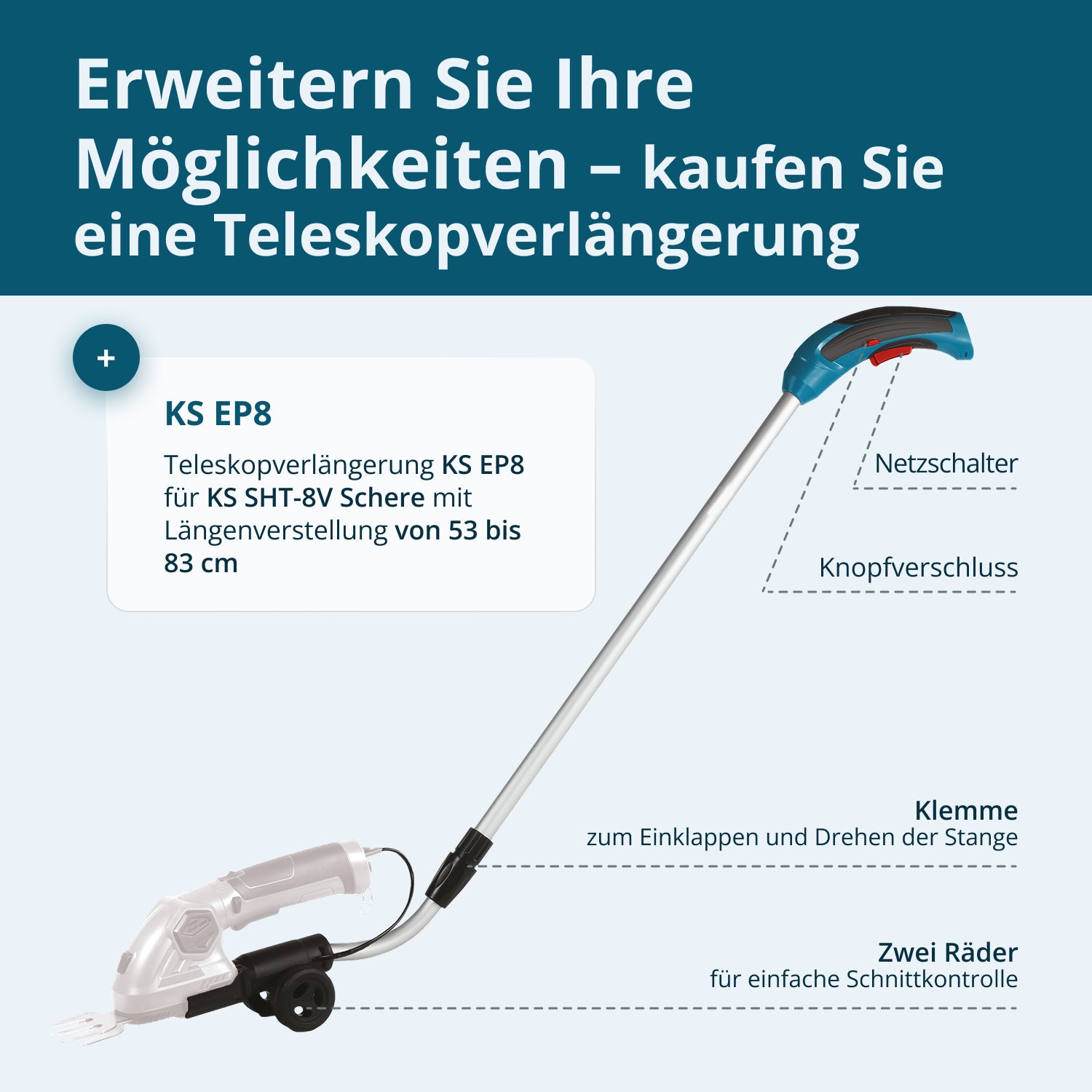 Akku-Gras- und Heckenschere 2 in 1 mit Verlängerungsgriff KS SHT-8V + Extension Pole